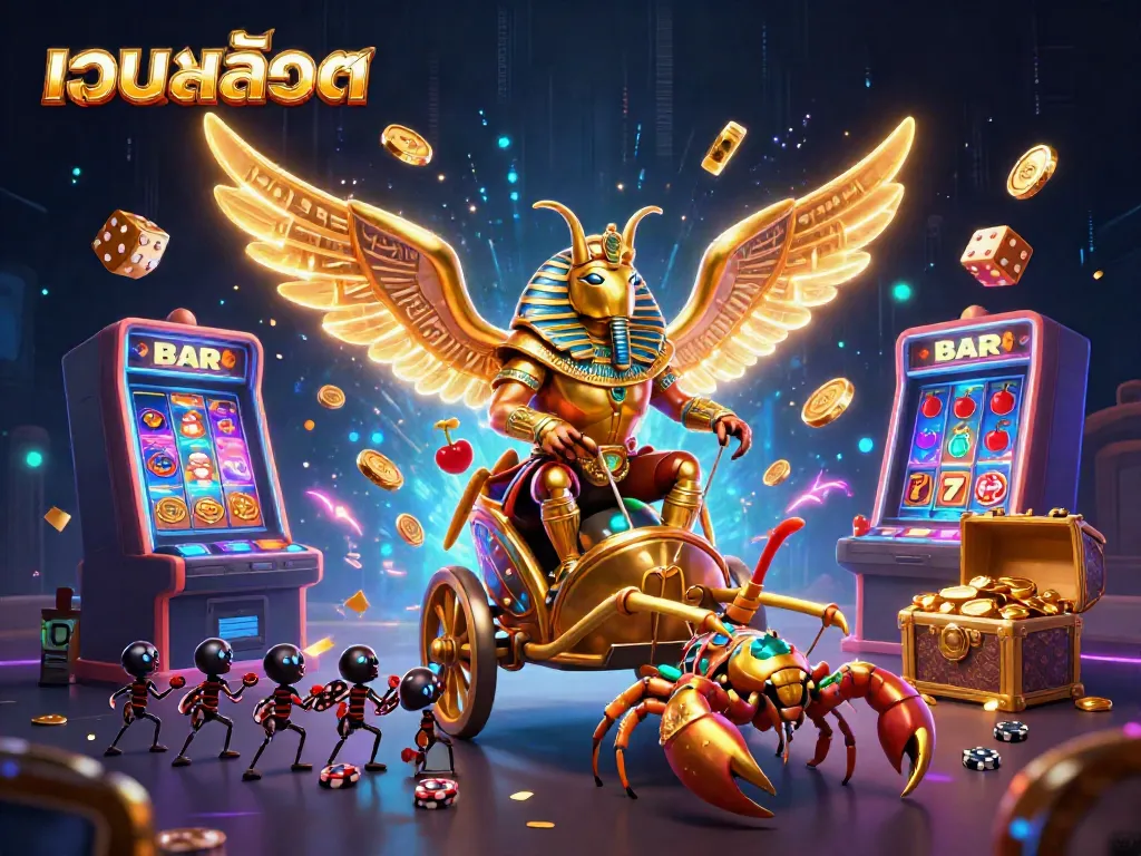Engage with เว็บสล็อต through a vibrant 3D casino scene showcasing a golden scarab riding a chariot.