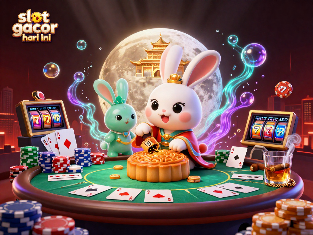 Experience slot gacor hari ini with a vibrant casino-themed lunar scene featuring cartoon characters.