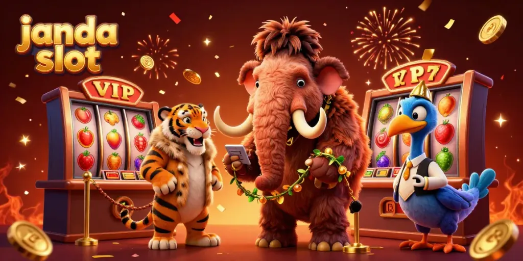 Ilustrasi 3D janda slot dengan karakter kasino berwarna-warni dan mesin slot yang berputar.