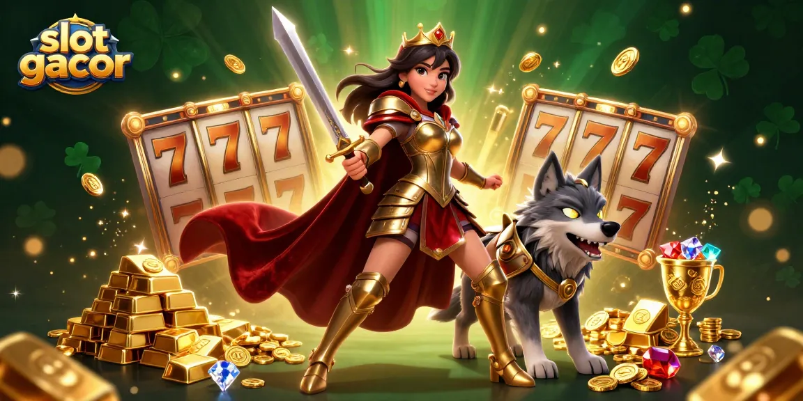 Engage with slot gacor action featuring a warrior queen and glowing companion in a glittering scene.