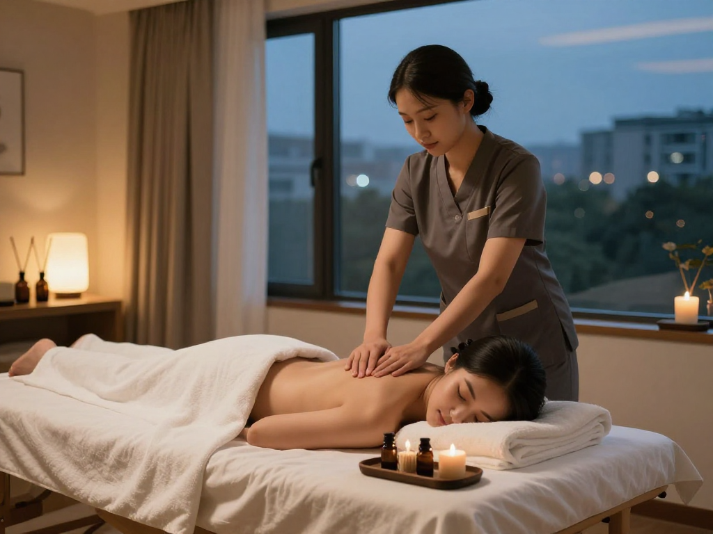Professional 출장안마 session in a serene hotel room setting, highlighting relaxation and calmness.