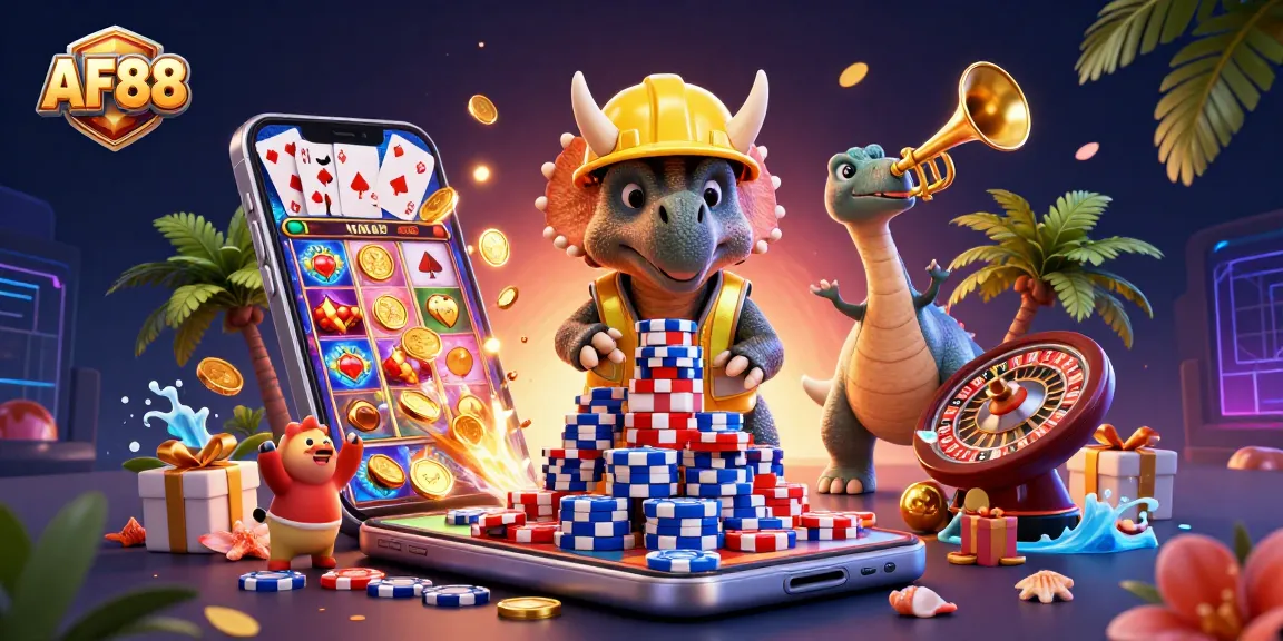 Engage with AF88's thrilling online gaming world, featuring dynamic characters and vibrant casino elements.