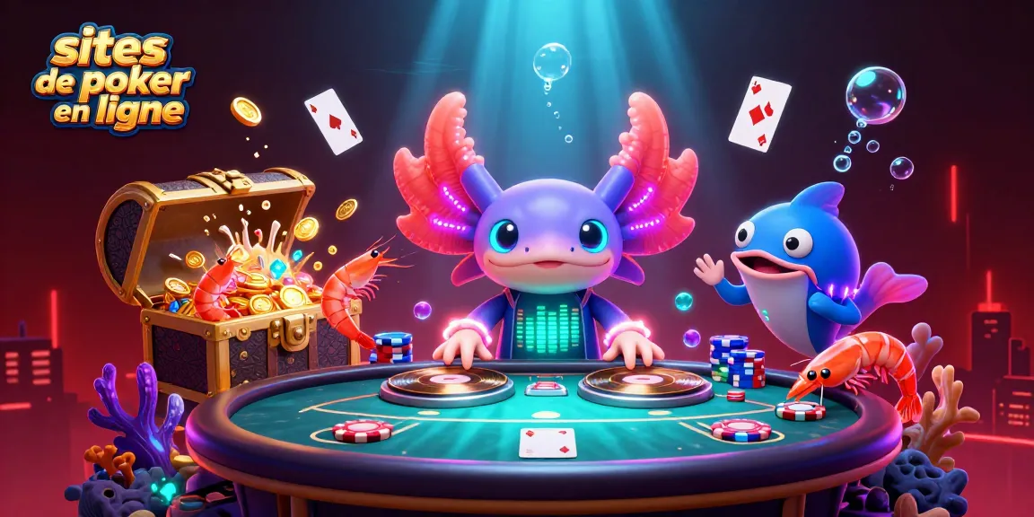 Faites l'expérience des sites de poker en ligne avec cette scène dynamique et colorée d'un DJ axolotl animant une table de poker sous-marine.