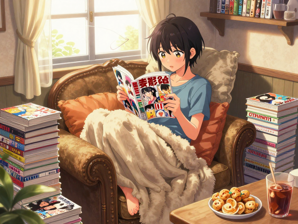 Young adult enjoying colorful erotic manga from https://hitomi-mangaraw01.com/ in a cozy reading nook.