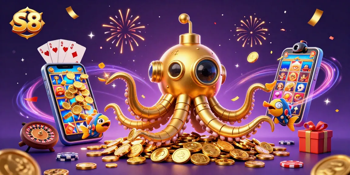 S8 engages players in thrilling casino action amidst golden coins and vibrant gaming elements.
