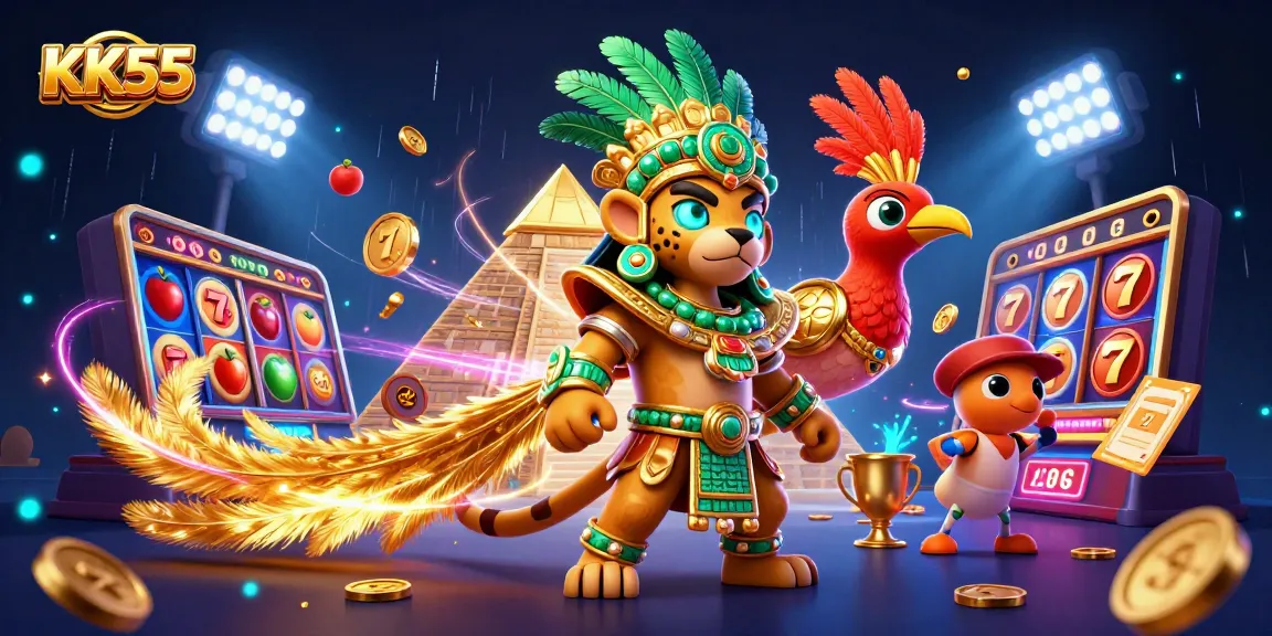 Experience the exciting slots at KK55 with the Mayan jaguar priest and quetzal bird in an electrifying casino atmosphere.