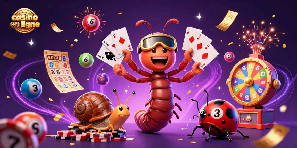 Illustration animée d'un casino en ligne avec un multidé à mille pattes, des ballons de loterie et une ambiance festive.