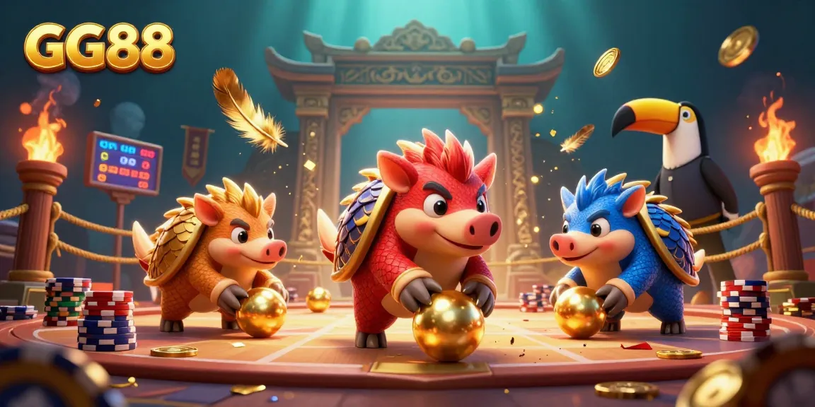 GG88 pangolins competing in a vibrant casino atmosphere while bowling through poker chips.