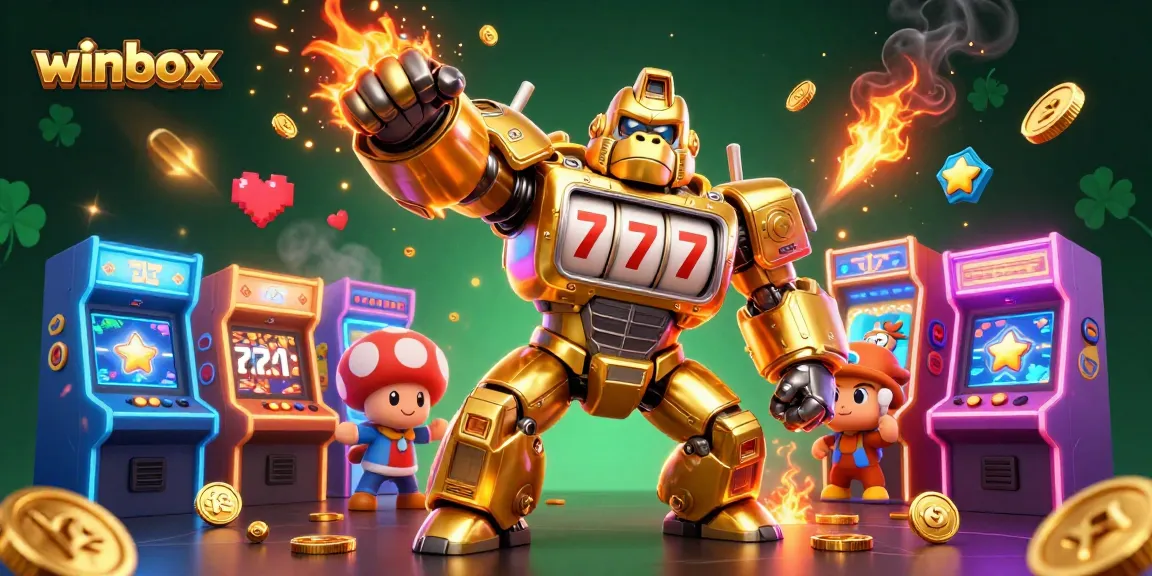 Winbox casino action with vibrant gorilla mech and arcade games enhancing slot fun.