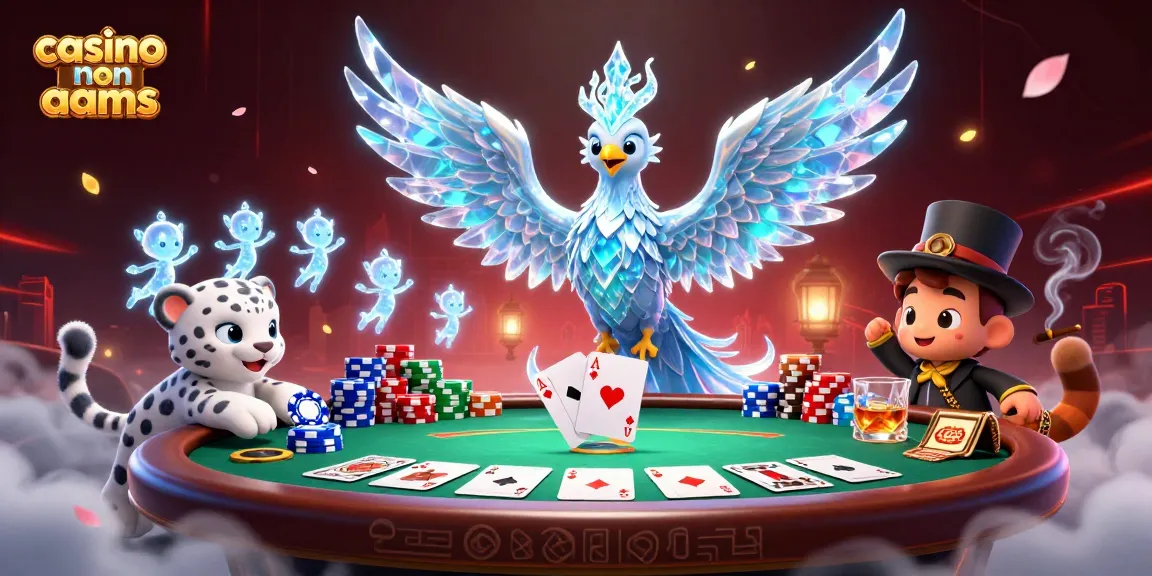 Vivi un gameplay emozionante nei casinò non AAMS con un'illustrazione 3D vivace che mostra giochi di carte e personaggi fantasiosi.