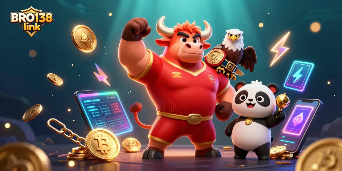 Engage with the excitement at BRO138 link as a bull, eagle, and panda celebrate winning in a vibrant casino-themed scene.