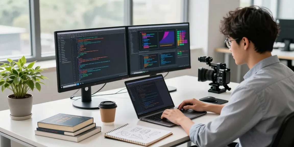 Developer coding in a tech workspace featuring the 纸飞机中文版 application setup among modern tools and decor.