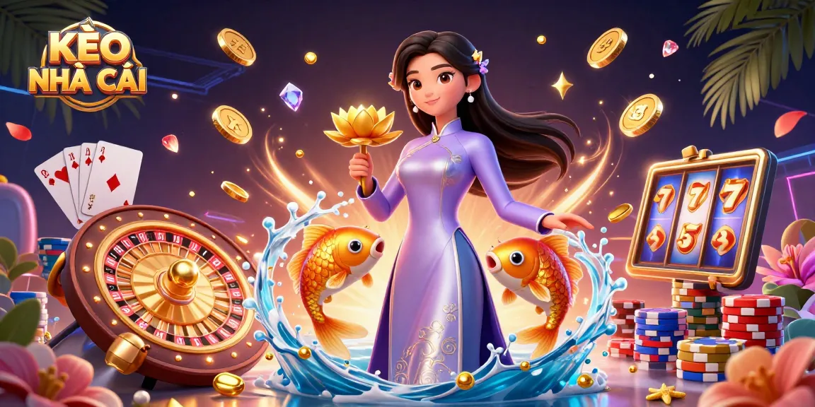 Engaging scene showcasing KÈO NHÀ CÁI with an elegant woman, koi fish, and casino elements.