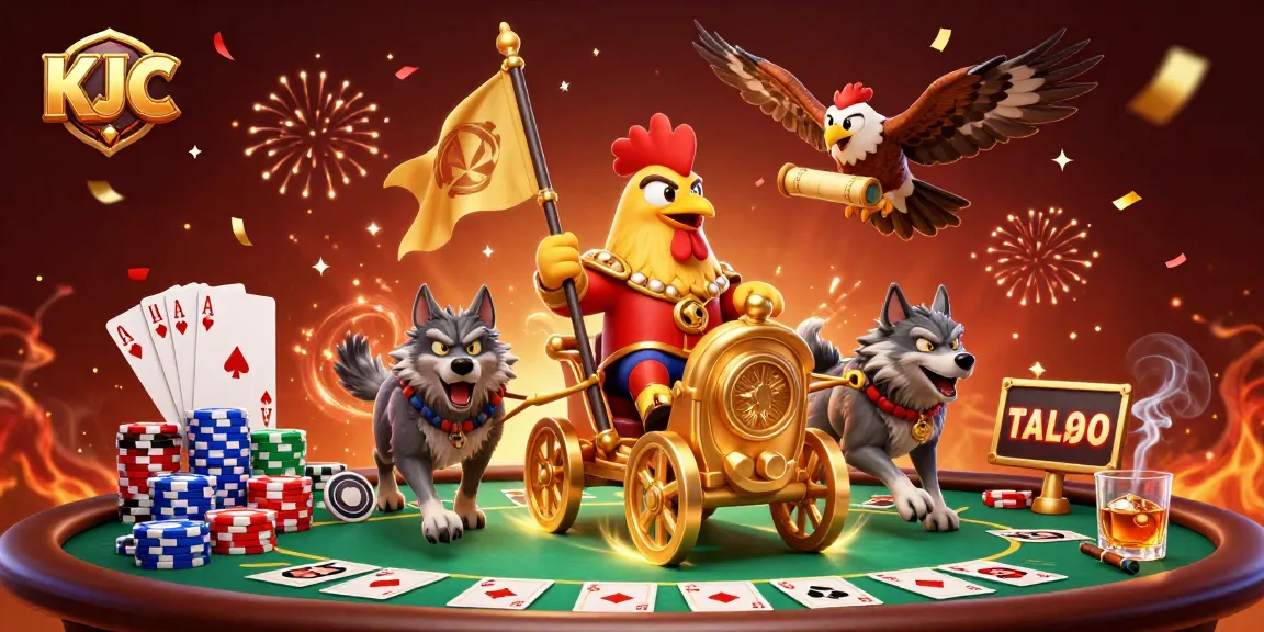 KJC engages players with a 3D cartoon rooster warlord in a dynamic poker scene full of excitement.