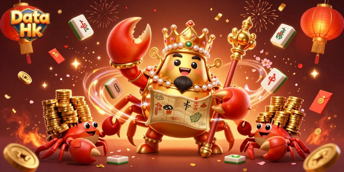 Engage with Data Hk in vibrant celebration, featuring a golden crab emperor surrounded by rich gaming elements.