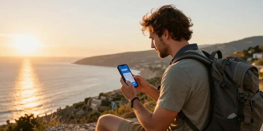 נסיעה בחו"ל עם eSIM לחו"ל בנוף יפהפה של חוף בשעת שקיעה