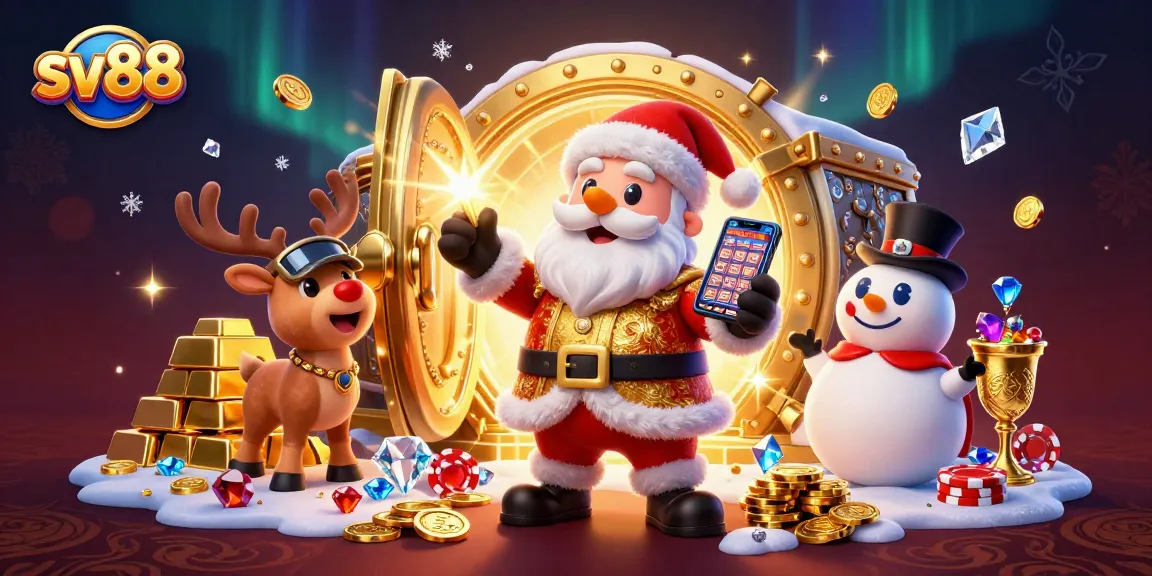 Experience winning with sv88 in a vibrant casino scene featuring Santa and friends celebrating jackpots.