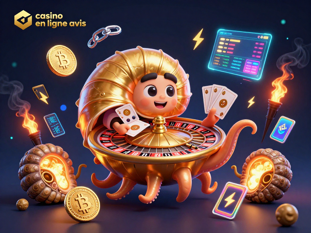 Visualisez un monde fascinant de casinos en ligne avis avec un giant nautilus jouant aux cartes entouré de crypto-monnaies.
