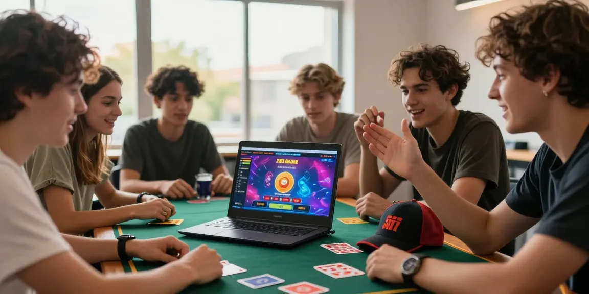 Group enjoying online betting on siti non AAMS with laptop, gaming items, and snacks.