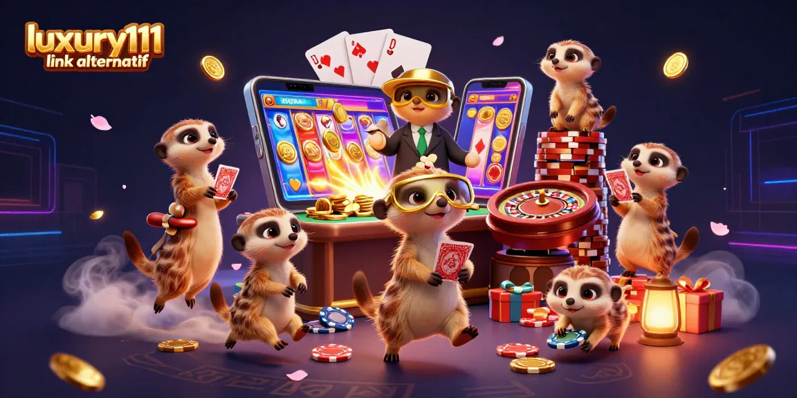 Engage with luxury111 link alternatif through a dynamic 3D casino illustration of meerkats in gameplay action.