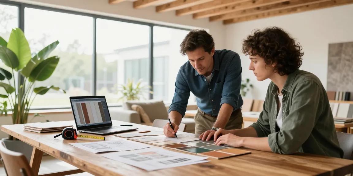 Collaborative session using flooring software to choose flooring samples in a bright design workspace.