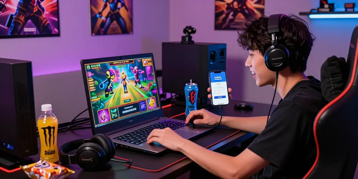 Engaging scene of a gamer using deposit pulsa tanpa potongan on a laptop, vibrant gaming atmosphere with accessories.