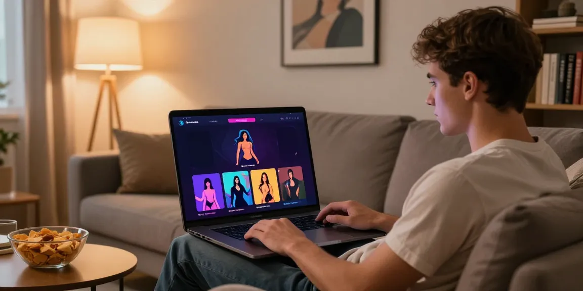 AI porn free trial showcasing a user interacting with a digital adult content generator on a modern laptop.