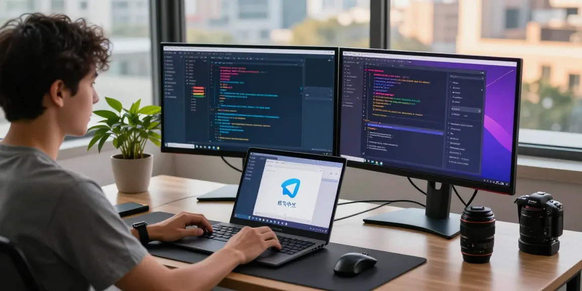 Workspace with a developer coding on 纸飞机中文版 interface, vibrant tech environment with dual monitors and modern gadgets.