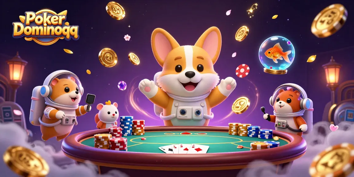 Engage in the fun at Poker Dominoqq with a 3D corgi astronaut amidst poker excitement.
