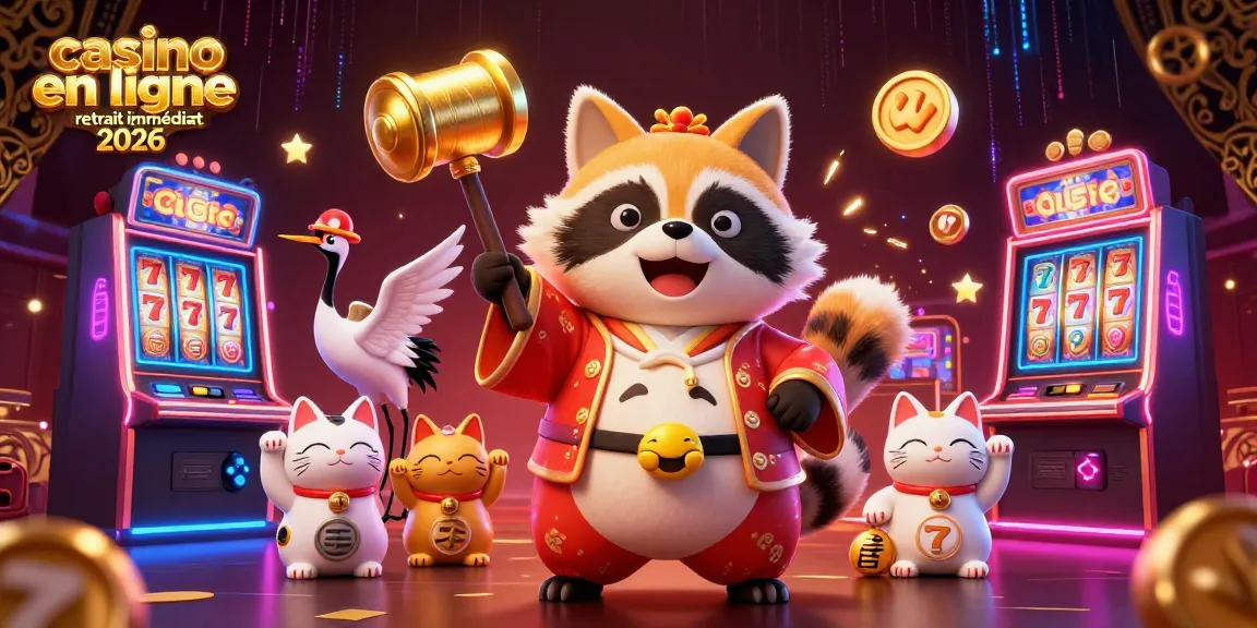 Illustration dynamique de casino en ligne retrait immédiat 2026 avec un tanuki porte-bonheur et des machines à sous.