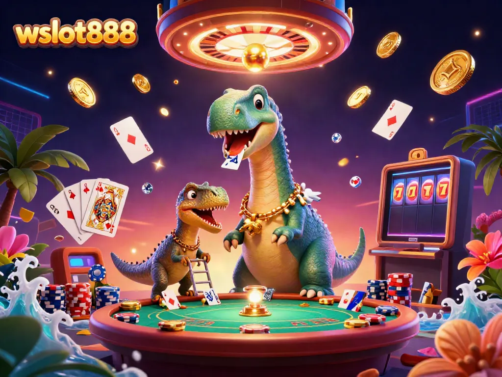 Permainan slot gacor di wslot888 dengan dinosaur bermain kartu, momen seru menanti menang.