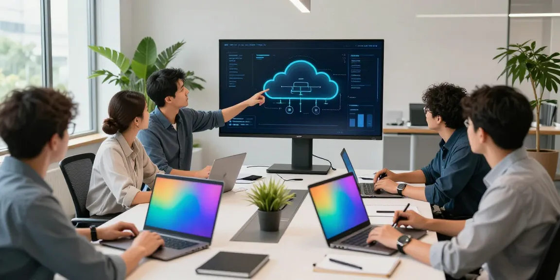 Team collaborating in a modern office on Azure managed services, showcasing productivity and teamwork.