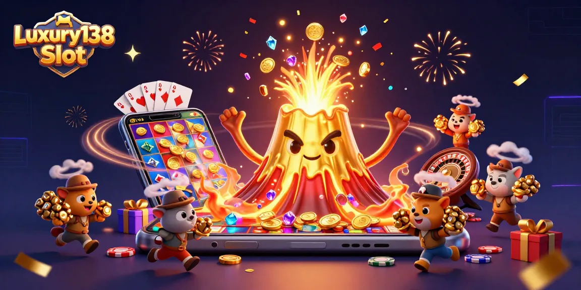 Experience the thrill of Luxury138 Slot with an erupting golden volcano and treasure-filled adventure.