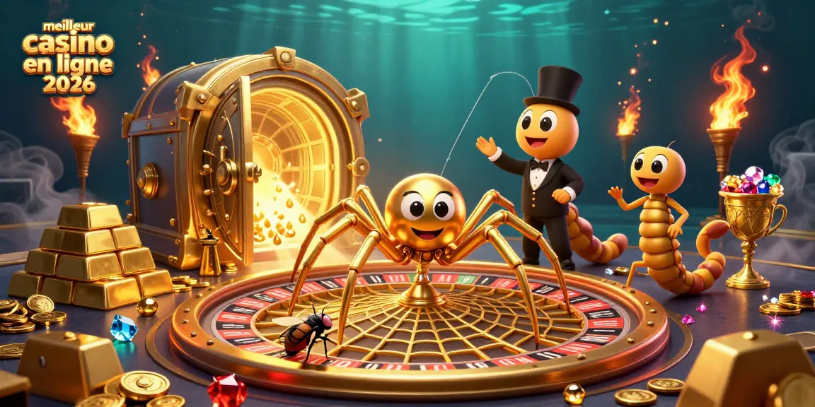 Pariez au meilleur casino en ligne 2026 avec une araignée dorée et un croupier centipède.