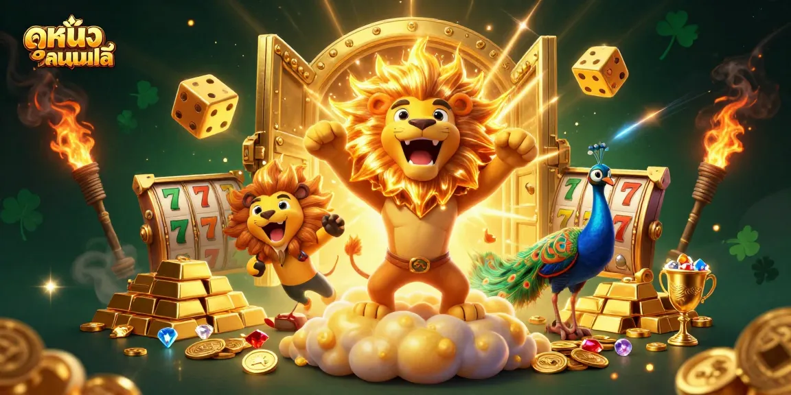 Experience ดูหนังออนไลน์ in style with a vibrant 3D illustration showcasing golden dice and playful characters.