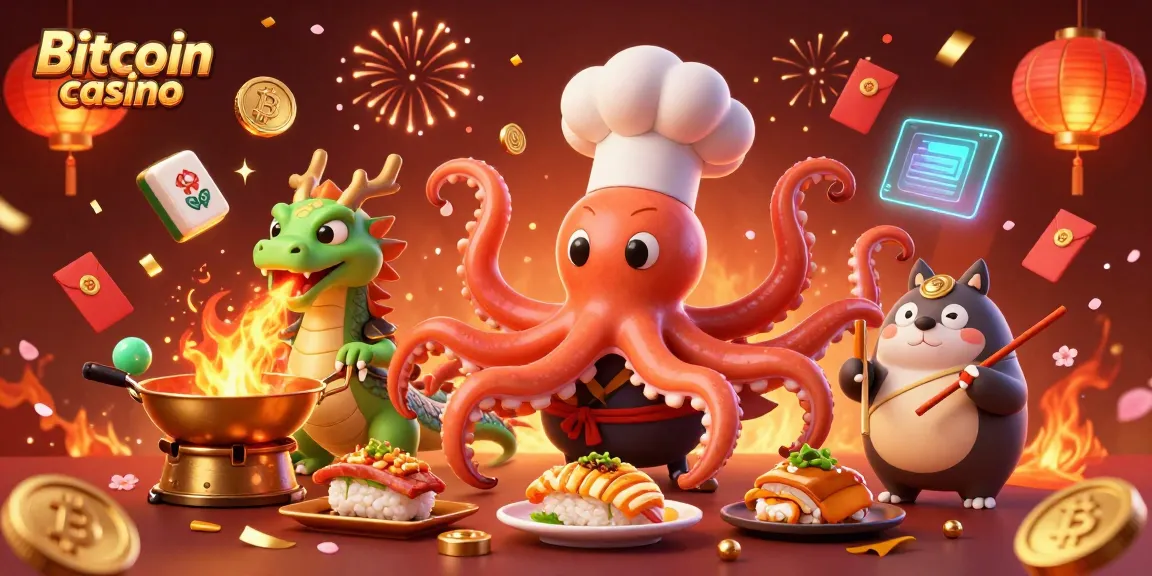 Gagnez lors de vos jeux avec un Bitcoin casino, mettant en avant un chef sushi polymorphe et un dragon.
