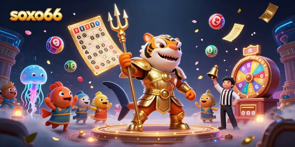 Experience the excitement of soxo66 with an underwater casino scene featuring vibrant lottery balls and a golden gladiator shark.