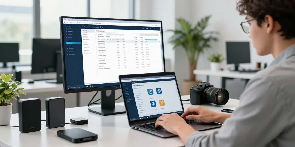 Expert using software to recover lost crypto in a modern tech workspace.