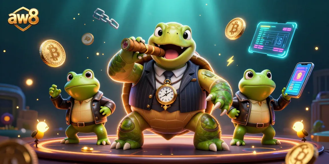 Play and win with aw8 at a vibrant casino scene featuring a turtle mobster and bullfrog enforcers.