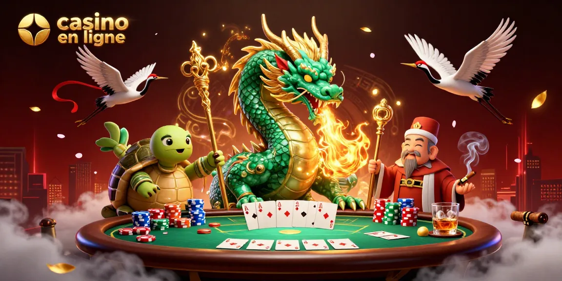 Participez à un gameplay excitant dans un casino en ligne mettant en scène un dragon mystique, un sage tortue et des éléments de poker.