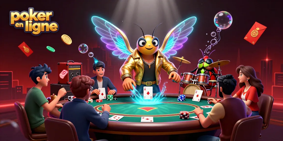 Plongez dans le poker en ligne avec une scène énergique de personnages emblématiques autour d'une table de poker.