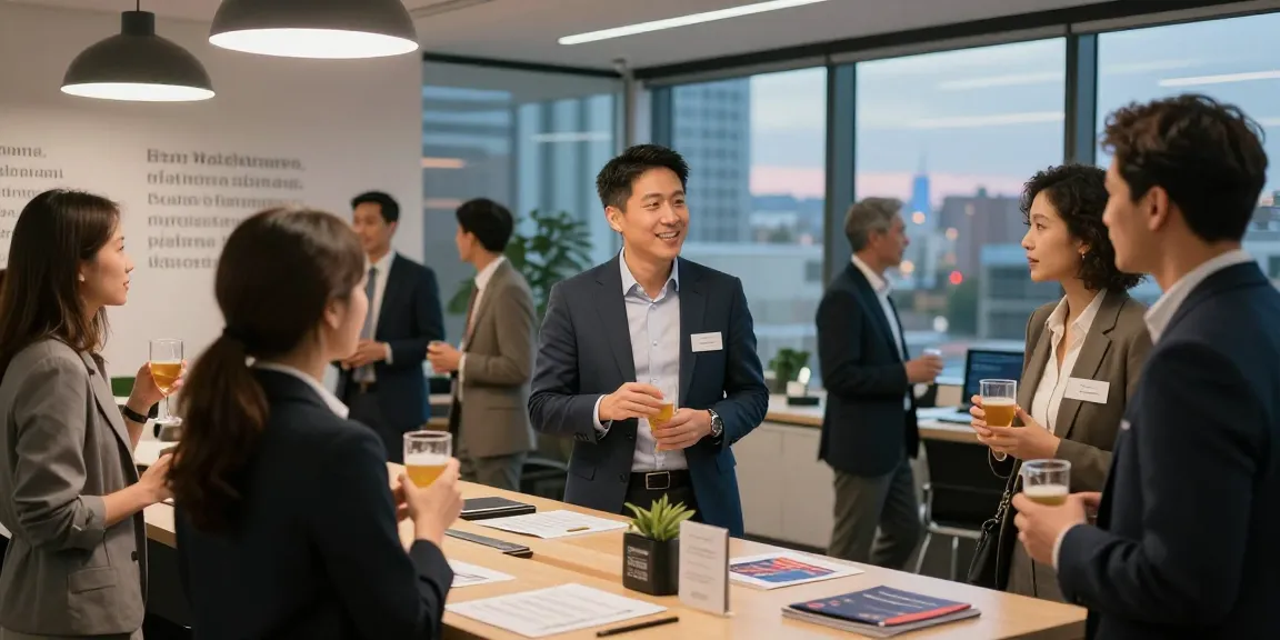 Terry Hui networking at a professional event, engaging with diverse professionals in a modern office setting.