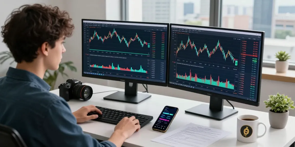 Dynamic trading workspace showcasing OKX Exchange reviews on multiple screens in a modern office.