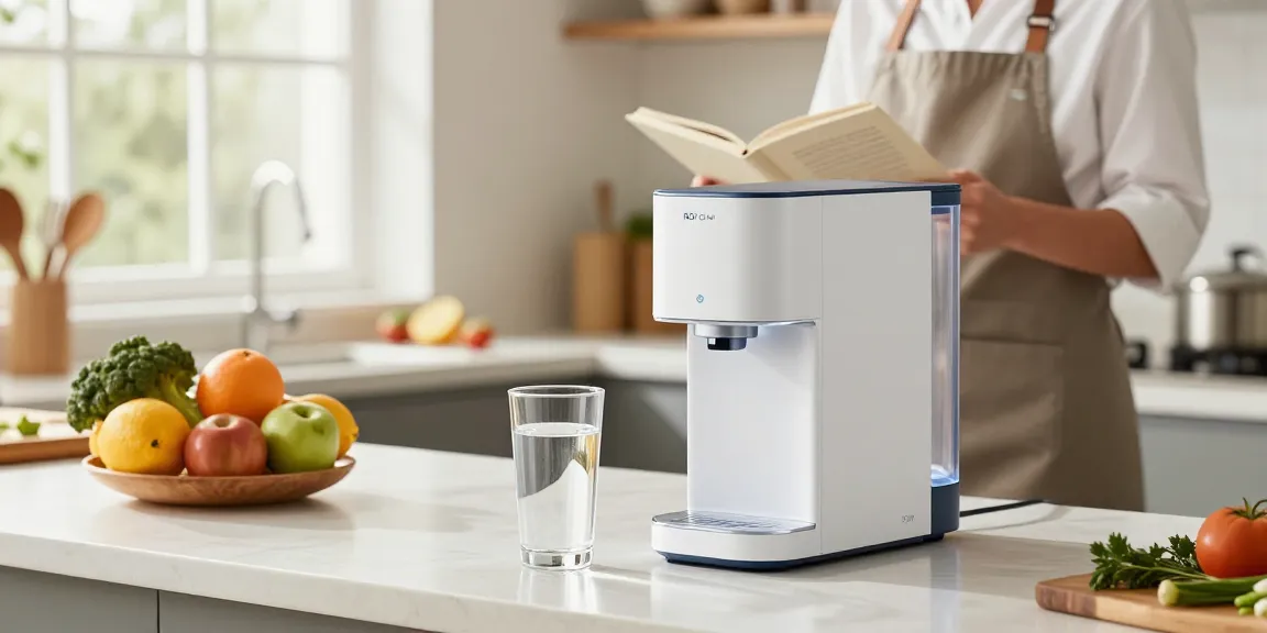 Countertop RO water purifier with clear glass of purified water, showcasing the distilled water purified water difference in a modern kitchen.