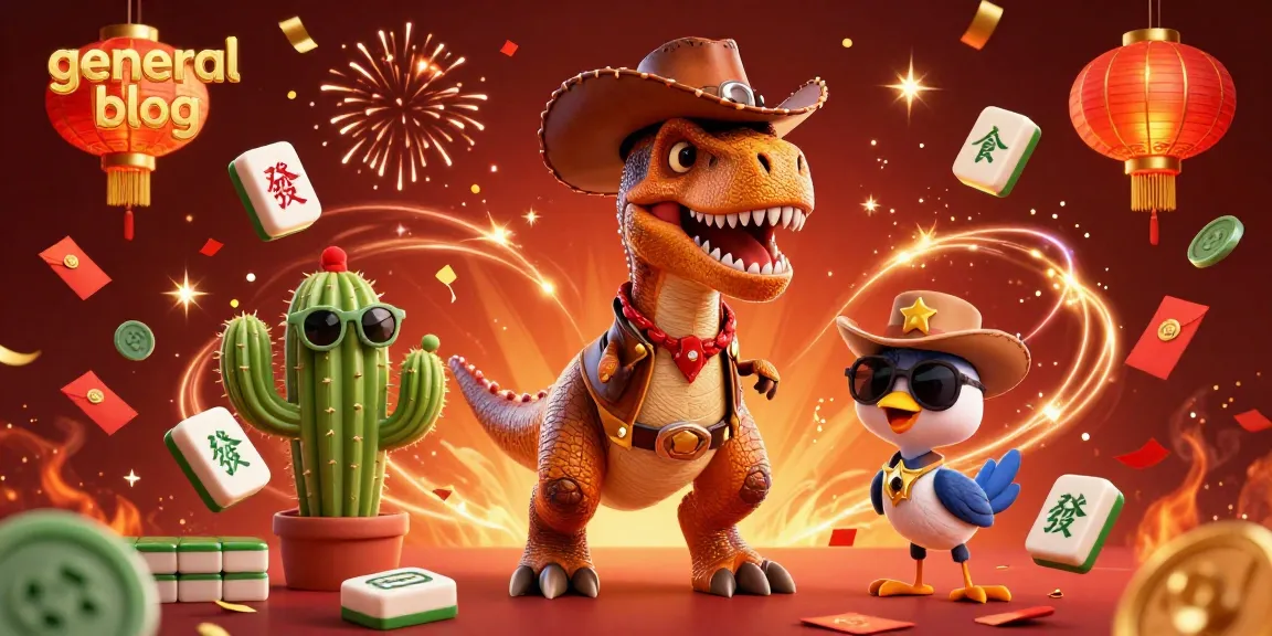 A vibrant general blog scene with T-Rex and friends engaging in a festive casino atmosphere filled with floating game elements.