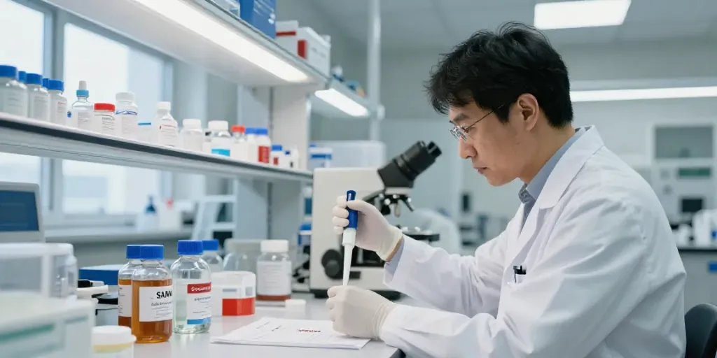 Researcher analyzing SwissChems peptides in a modern laboratory.