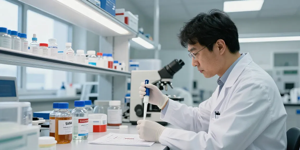 Researcher analyzing SwissChems peptides in a modern laboratory.