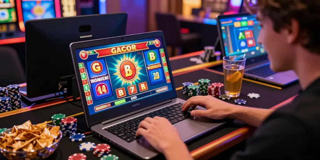 Excited player enjoying slot gacor games online with colorful graphics and casino ambiance.