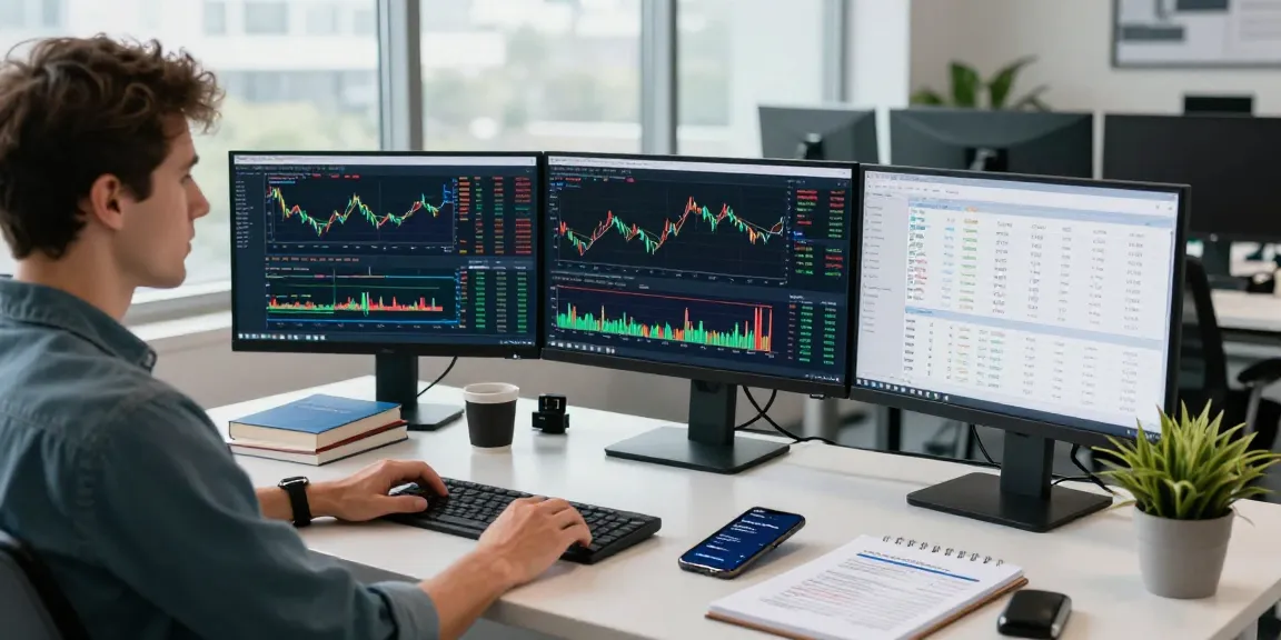 MetaTrader 5 platform shown on multiple monitors in a dynamic trading workspace, reflecting real-time market analysis.
