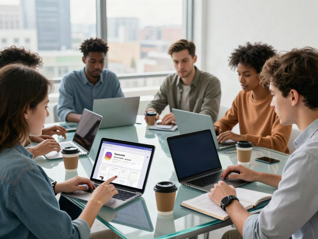 Group discussing the Insanony app features in a modern workspace.